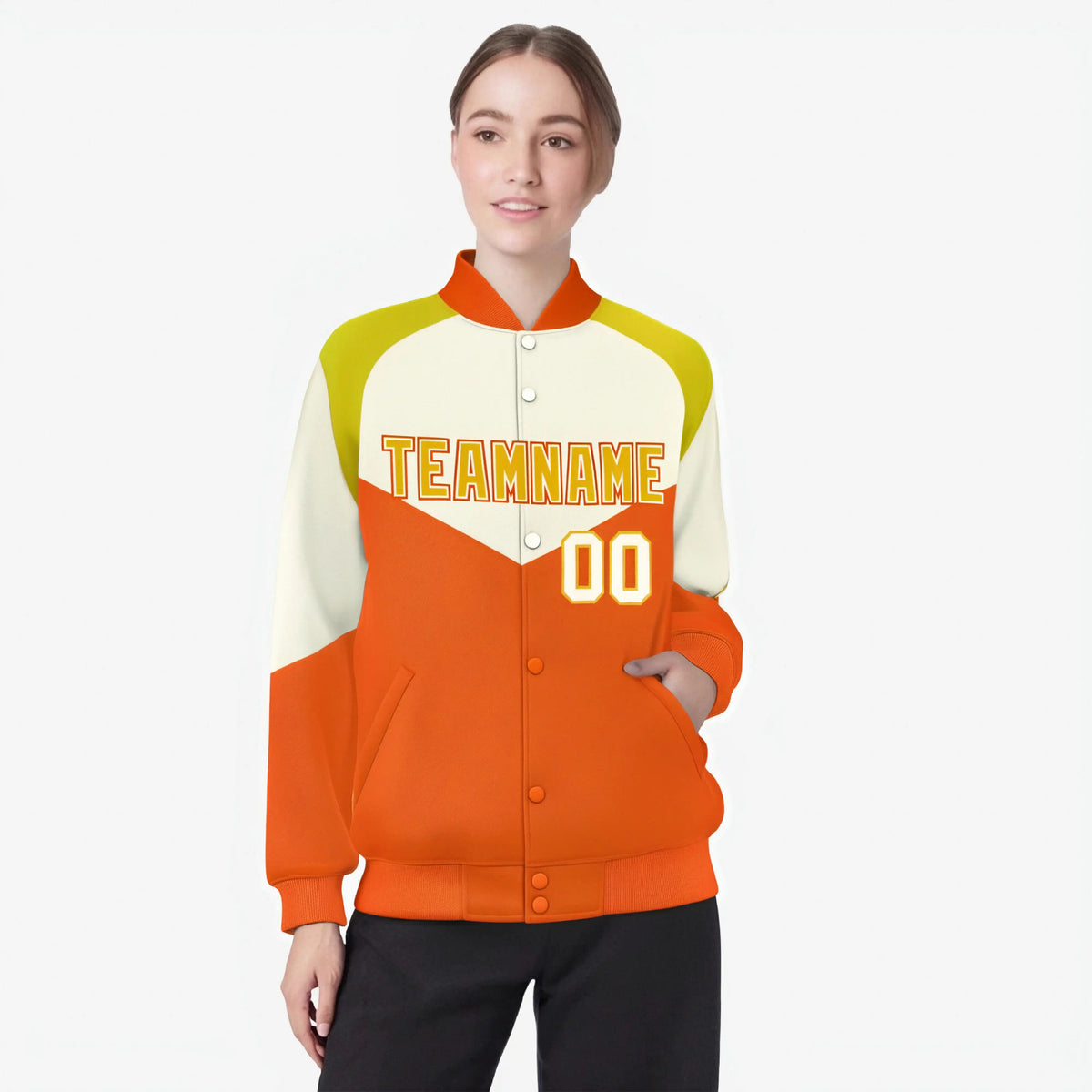 Custom Cream Orange-Gold Varsity Full-Snap Color Block Letterman Jacket