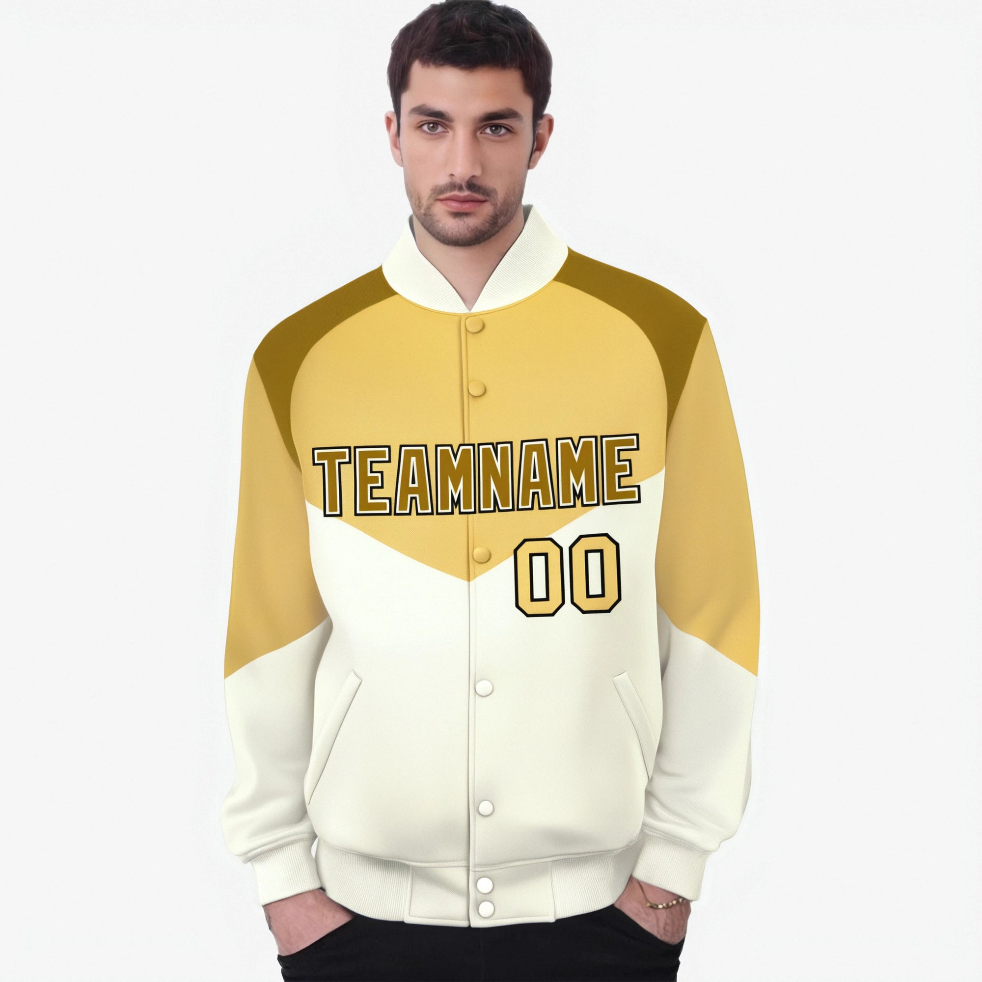 Custom Khaki Cream-Old Gold Varsity Full-Snap Color Block Letterman Jacket