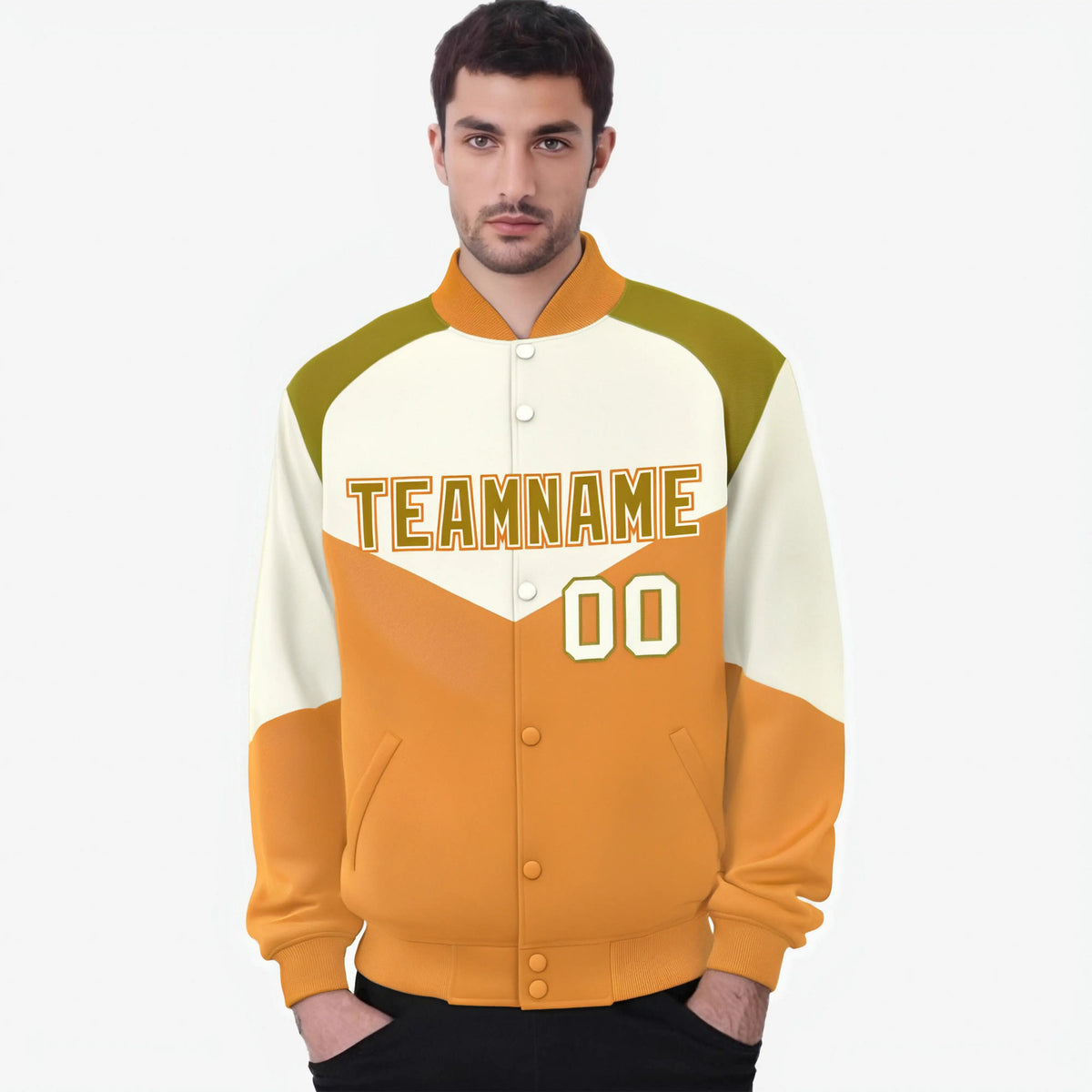 Custom Cream Yellow-Old Gold Varsity Full-Snap Color Block Letterman Jacket
