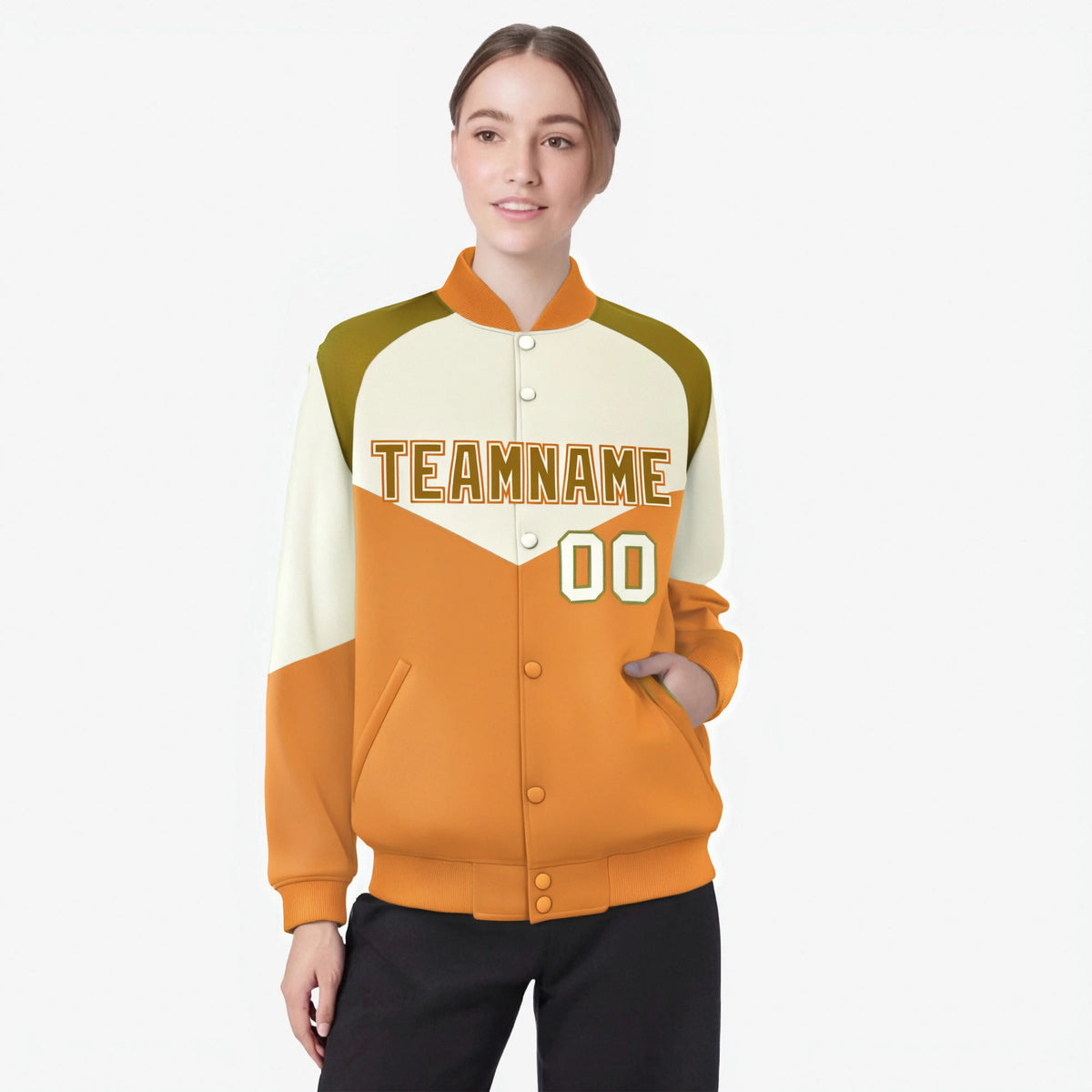 Custom Cream Yellow-Old Gold Varsity Full-Snap Color Block Letterman Jacket