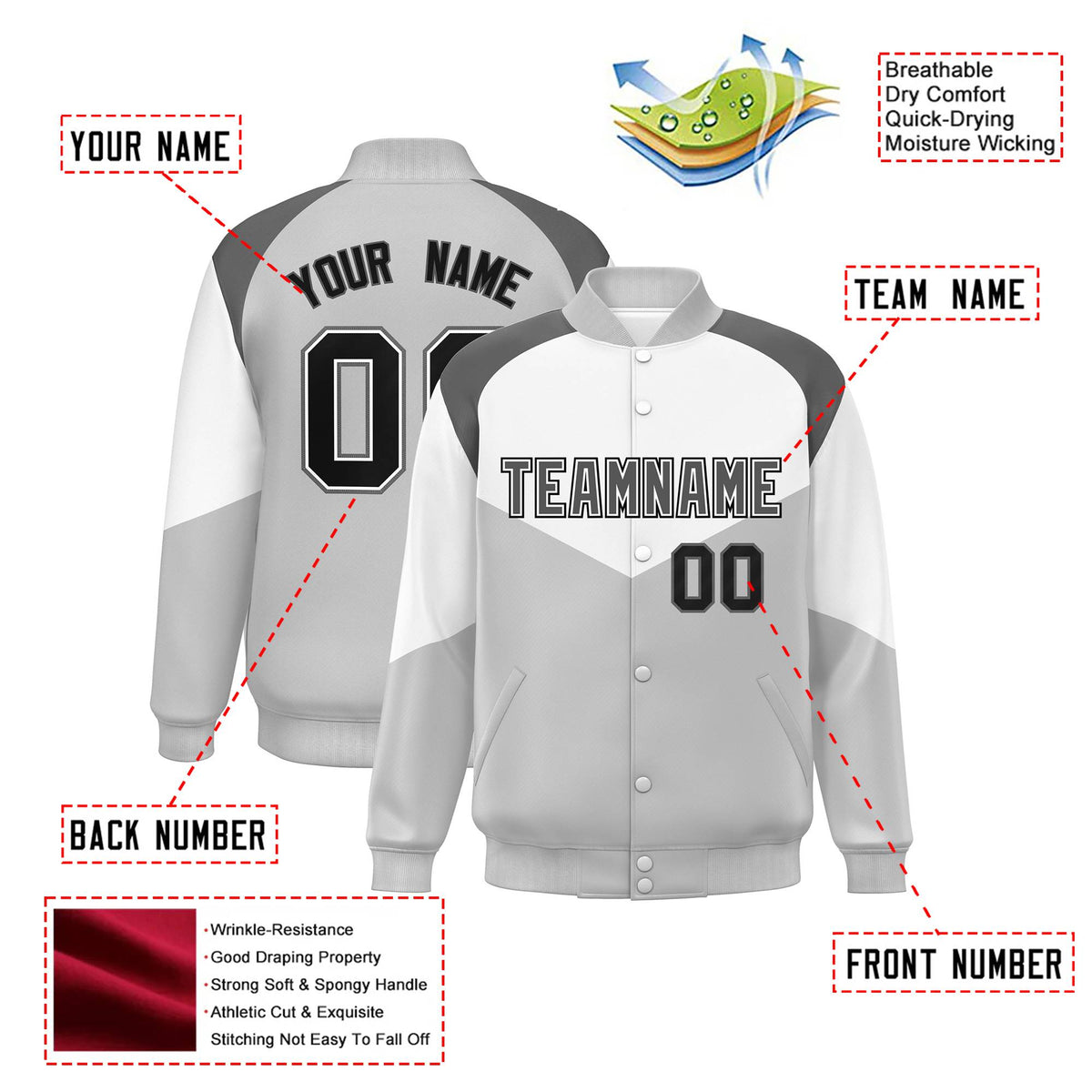 Custom White Gray-Dark Gray Varsity Full-Snap Color Block Letterman Jacket