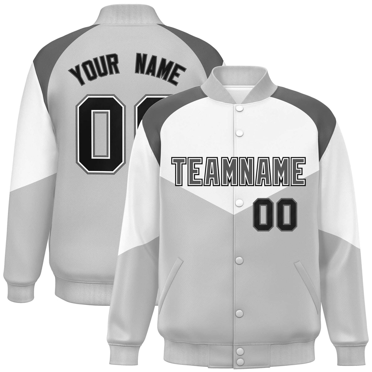 Custom White Gray-Dark Gray Varsity Full-Snap Color Block Letterman Jacket