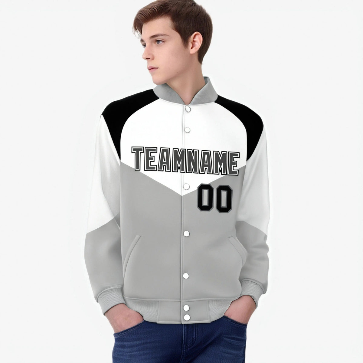 Custom White Gray-Dark Gray Varsity Full-Snap Color Block Letterman Jacket