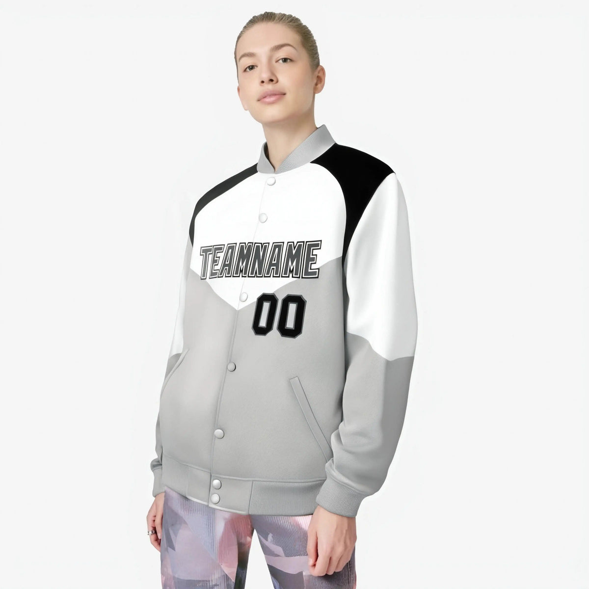 Custom White Gray-Dark Gray Varsity Full-Snap Color Block Letterman Jacket