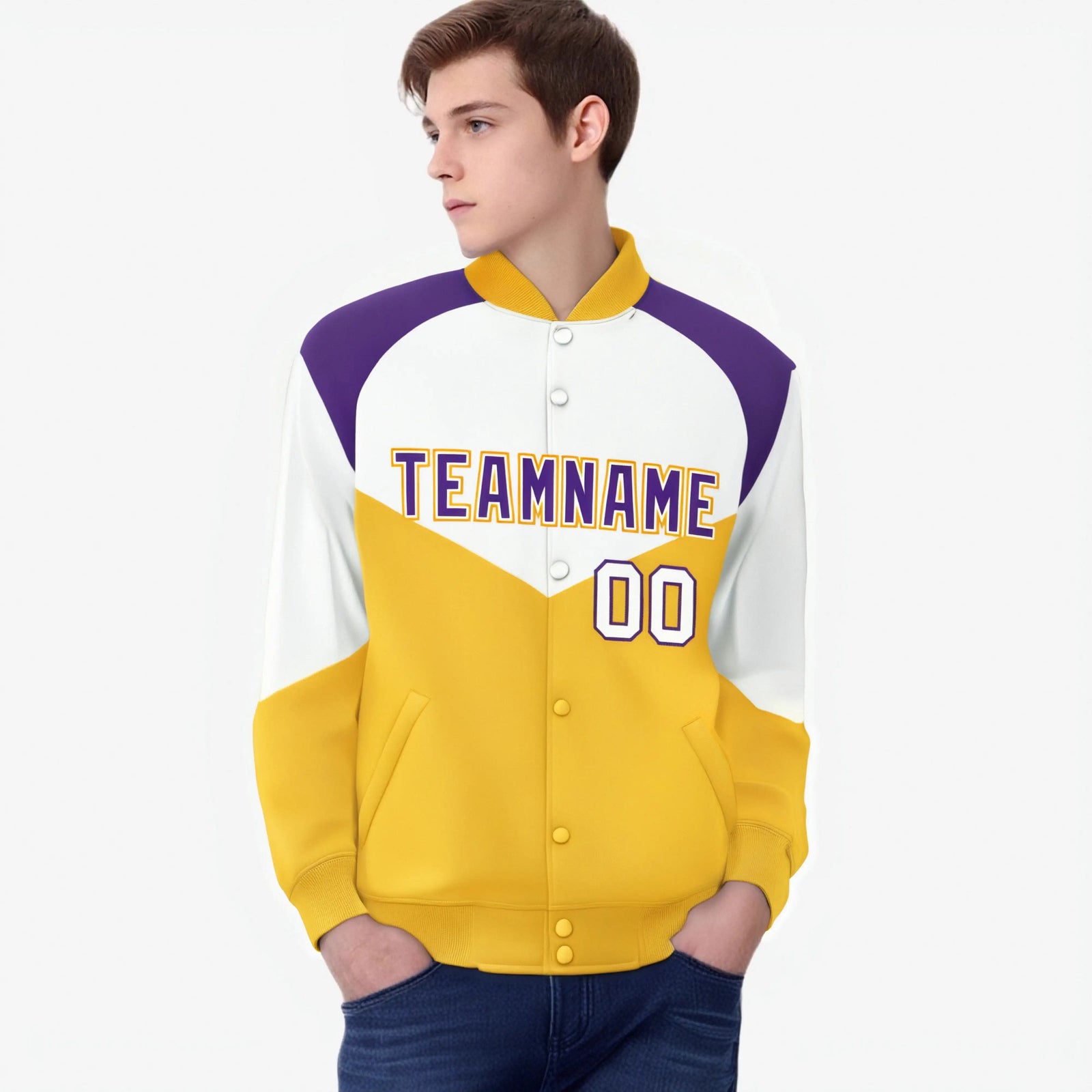 Custom White Gold-Purple Varsity Full-Snap Color Block Letterman Jacket