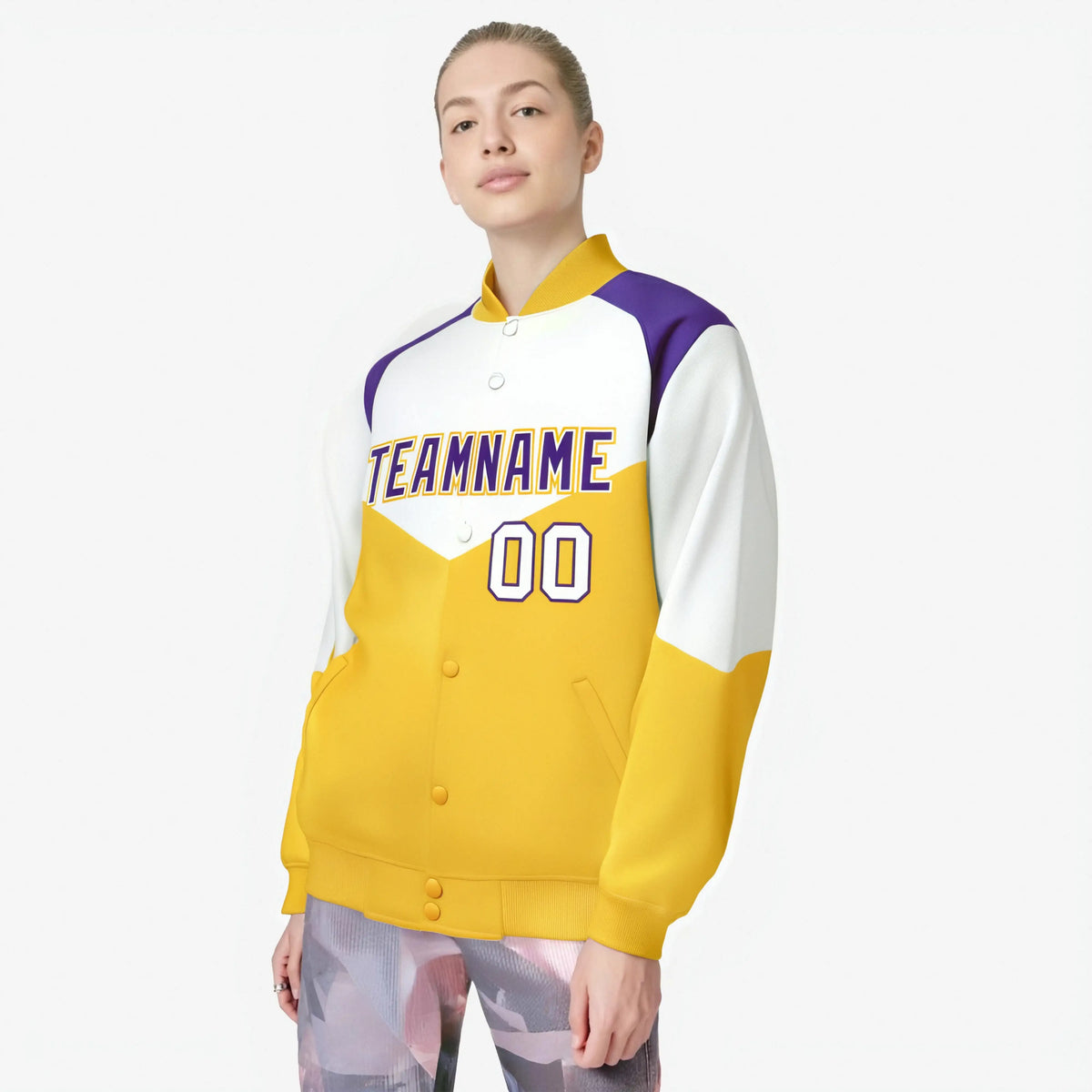 Custom White Gold-Purple Varsity Full-Snap Color Block Letterman Jacket