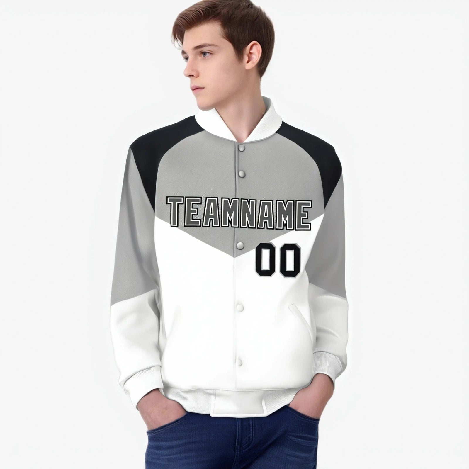 Custom Gray White-Dark Gray Varsity Full-Snap Color Block Letterman Jacket