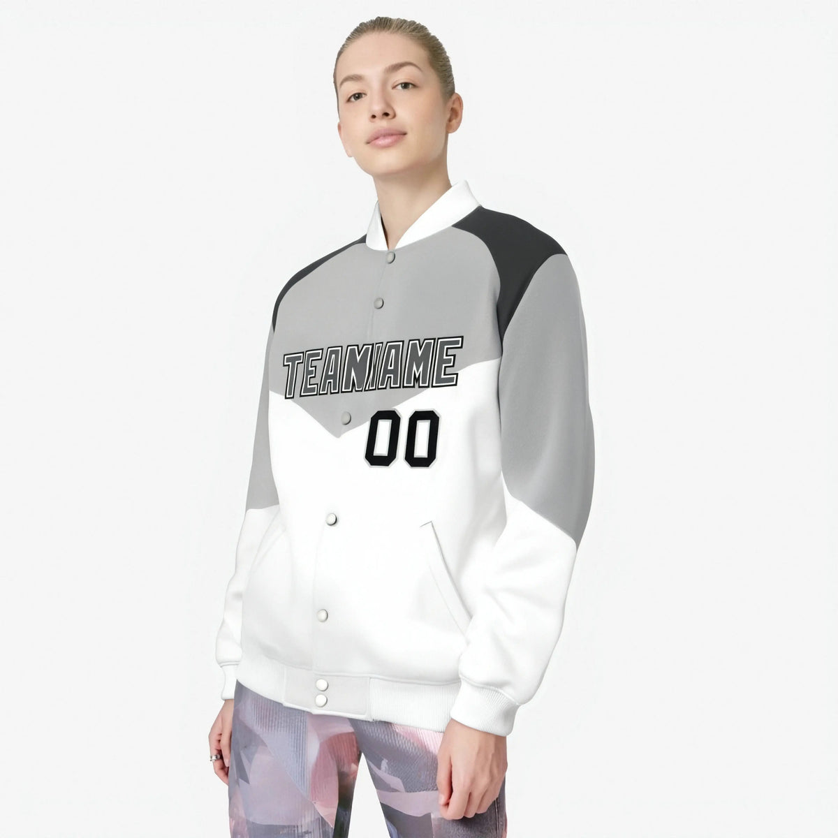 Custom Gray White-Dark Gray Varsity Full-Snap Color Block Letterman Jacket