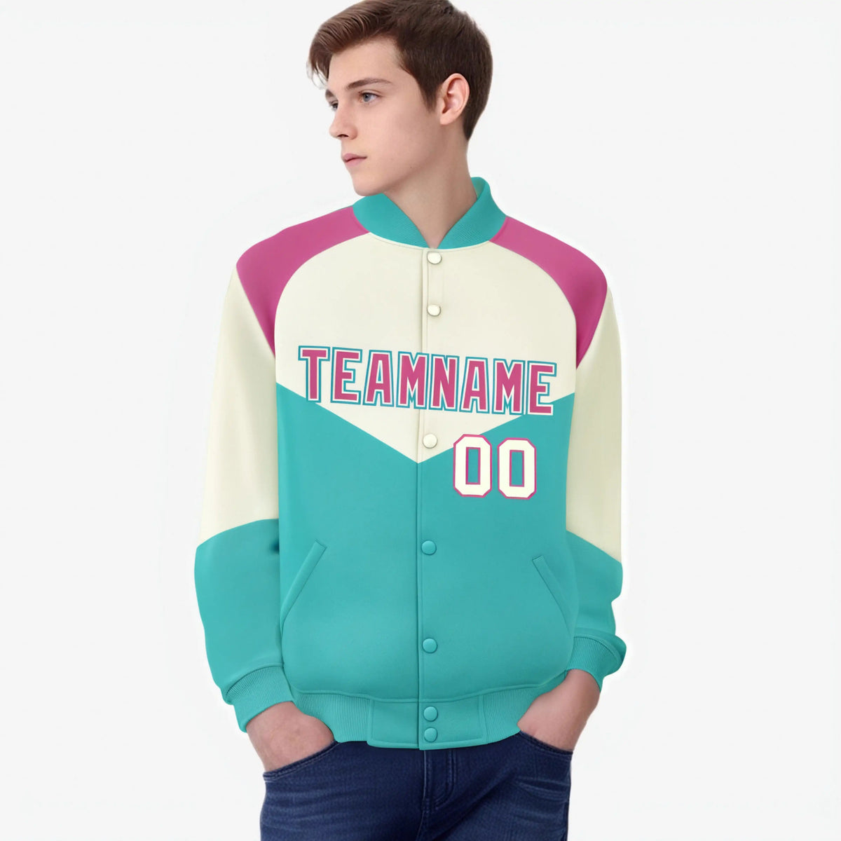 Custom Cream Aqua-Pink Gray Varsity Full-Snap Color Block Letterman Jacket
