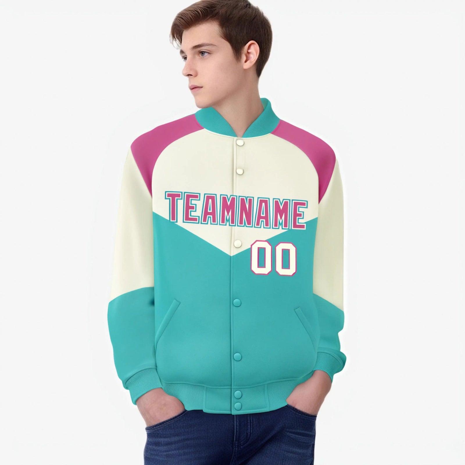 Custom Cream Aqua-Pink Gray Varsity Full-Snap Color Block Letterman Jacket