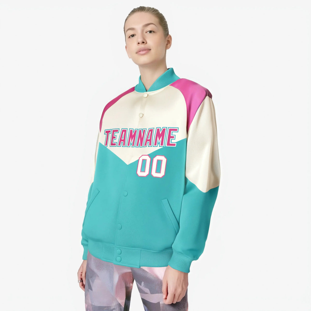 Custom Cream Aqua-Pink Gray Varsity Full-Snap Color Block Letterman Jacket