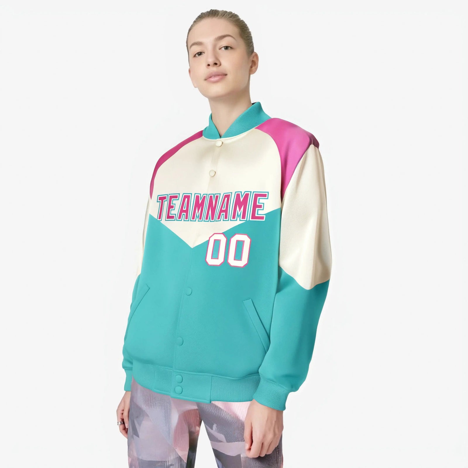 Custom Cream Aqua-Pink Gray Varsity Full-Snap Color Block Letterman Jacket