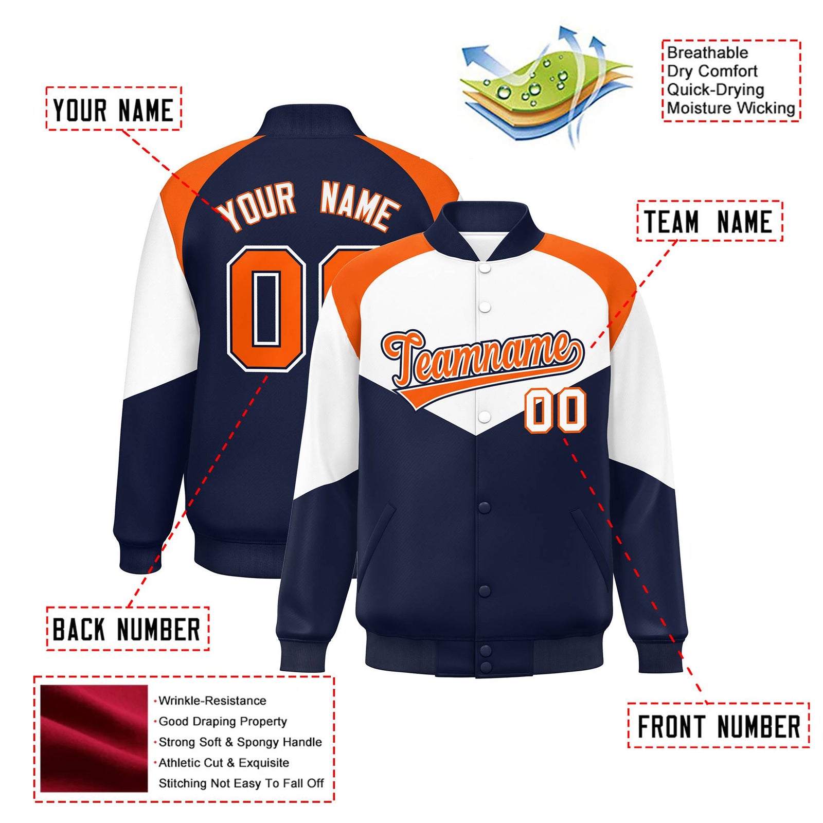 Custom White Navy-Orange Varsity Full-Snap Color Block Letterman Jacket
