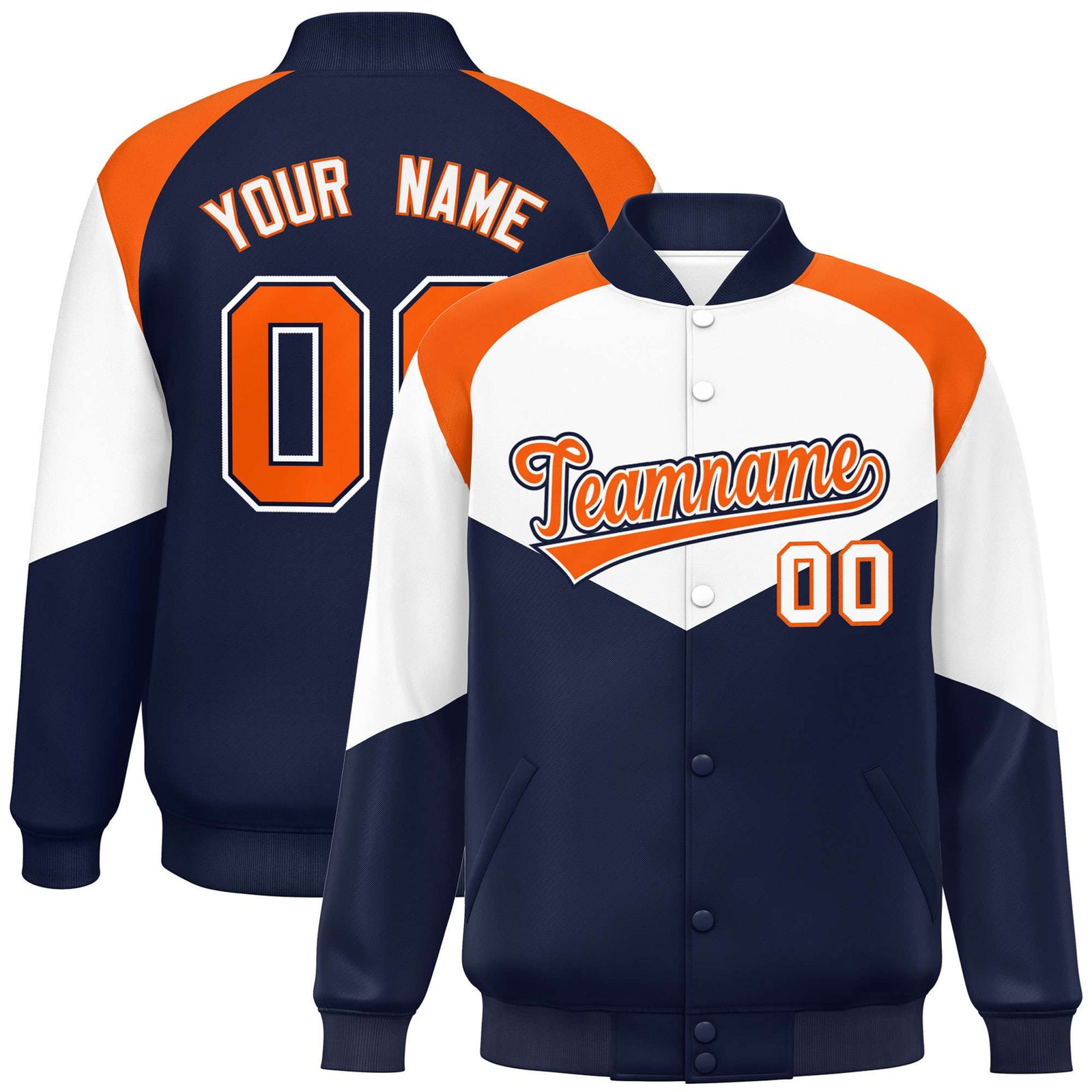 Custom White Navy-Orange Varsity Full-Snap Color Block Letterman Jacket