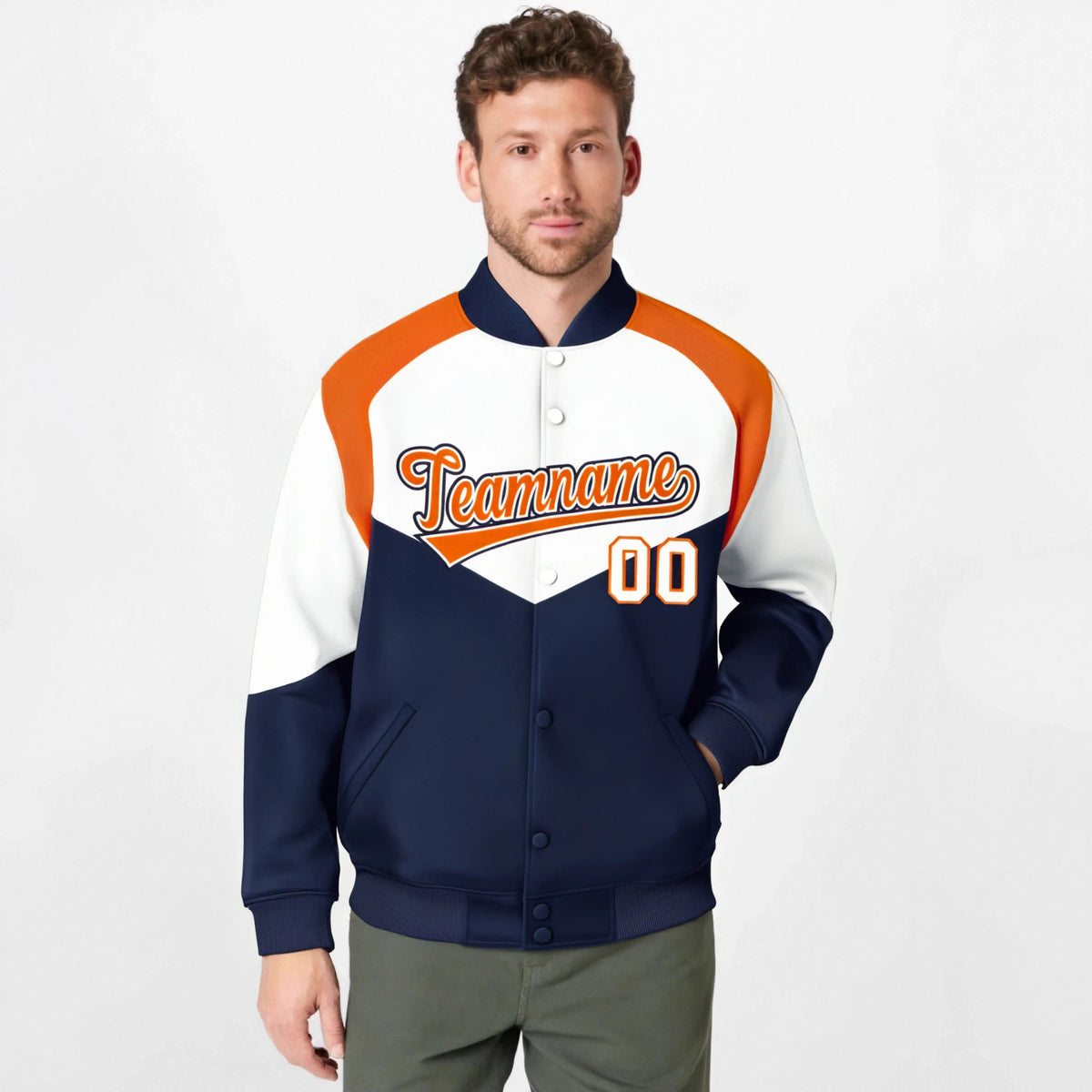 Custom White Navy-Orange Varsity Full-Snap Color Block Letterman Jacket