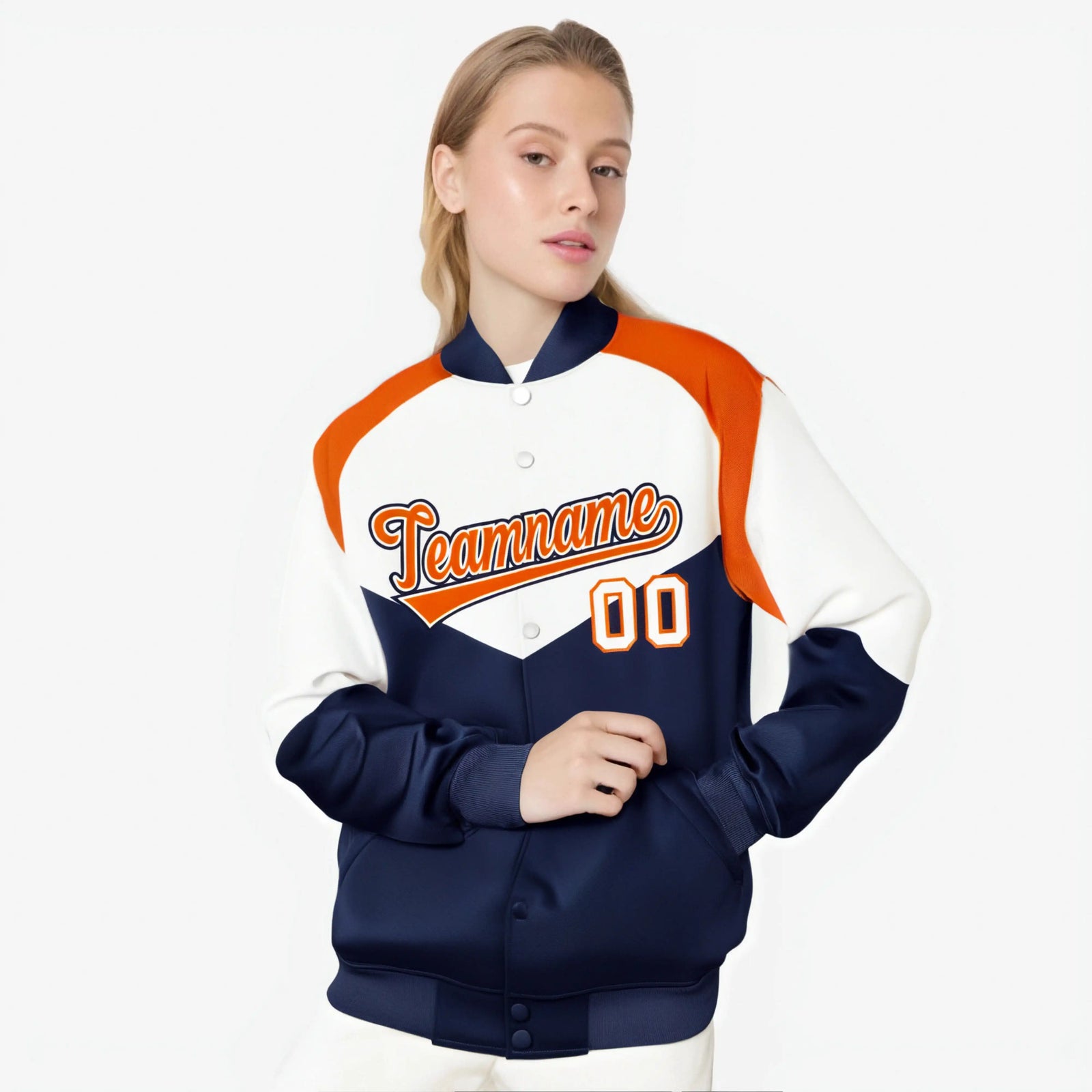 Custom White Navy-Orange Varsity Full-Snap Color Block Letterman Jacket