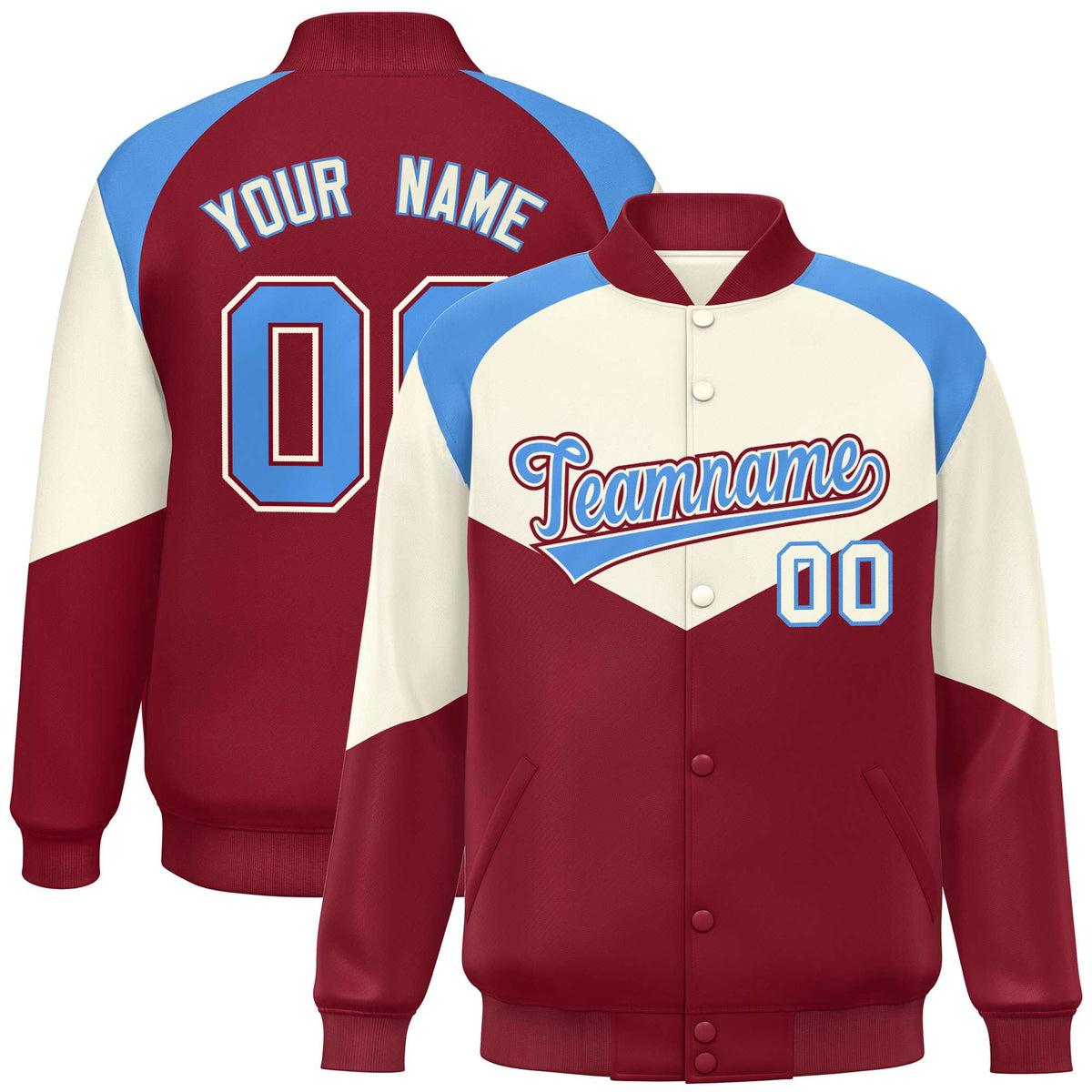 Custom Cream Crimson-Powder Blue Varsity Full-Snap Color Block Letterman Jacket