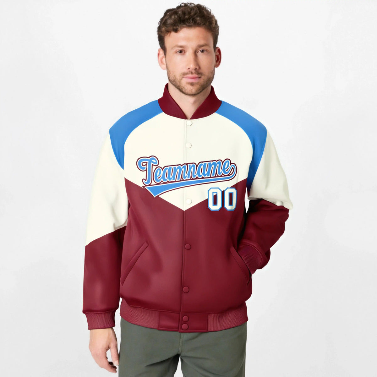 Custom Cream Crimson-Powder Blue Varsity Full-Snap Color Block Letterman Jacket