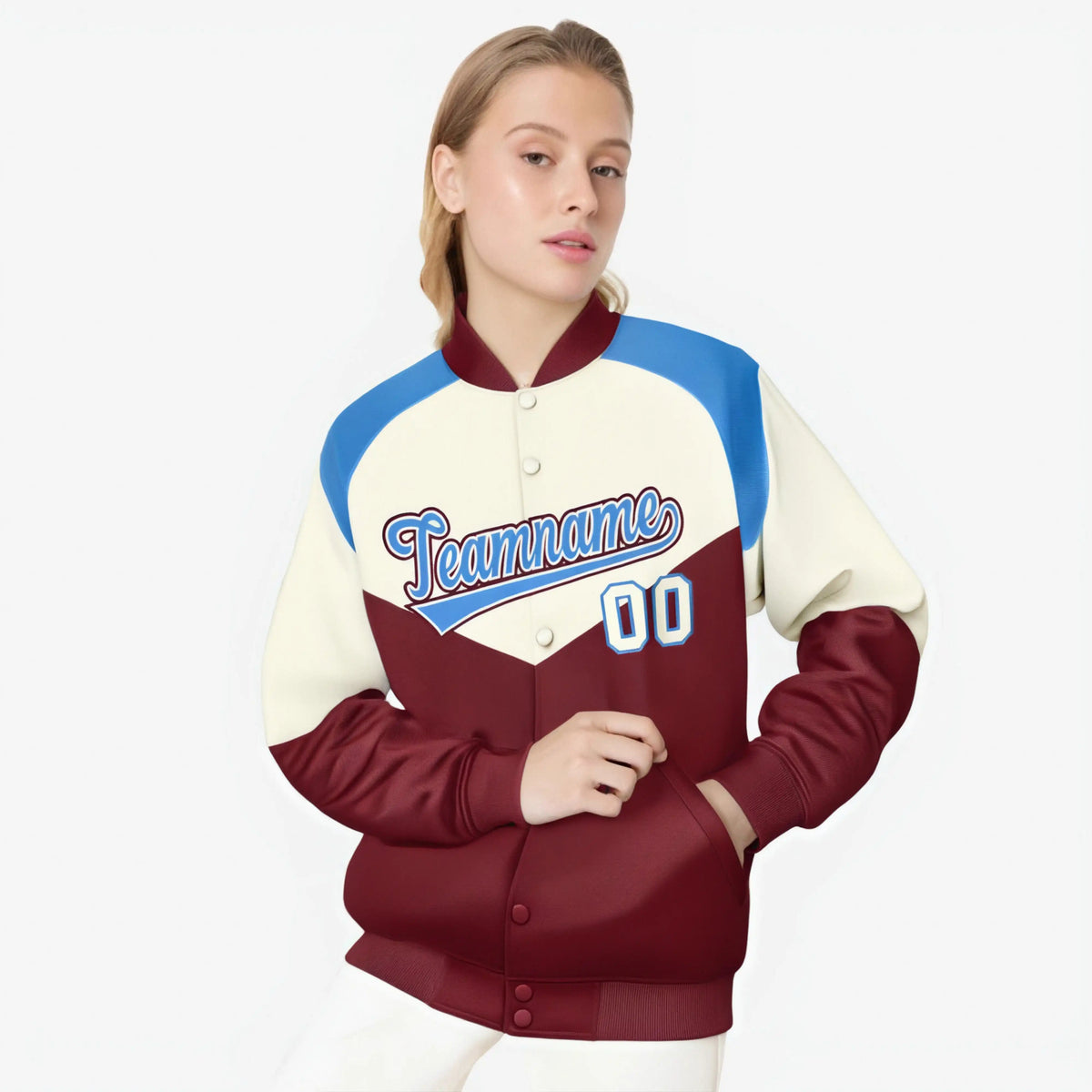 Custom Cream Crimson-Powder Blue Varsity Full-Snap Color Block Letterman Jacket