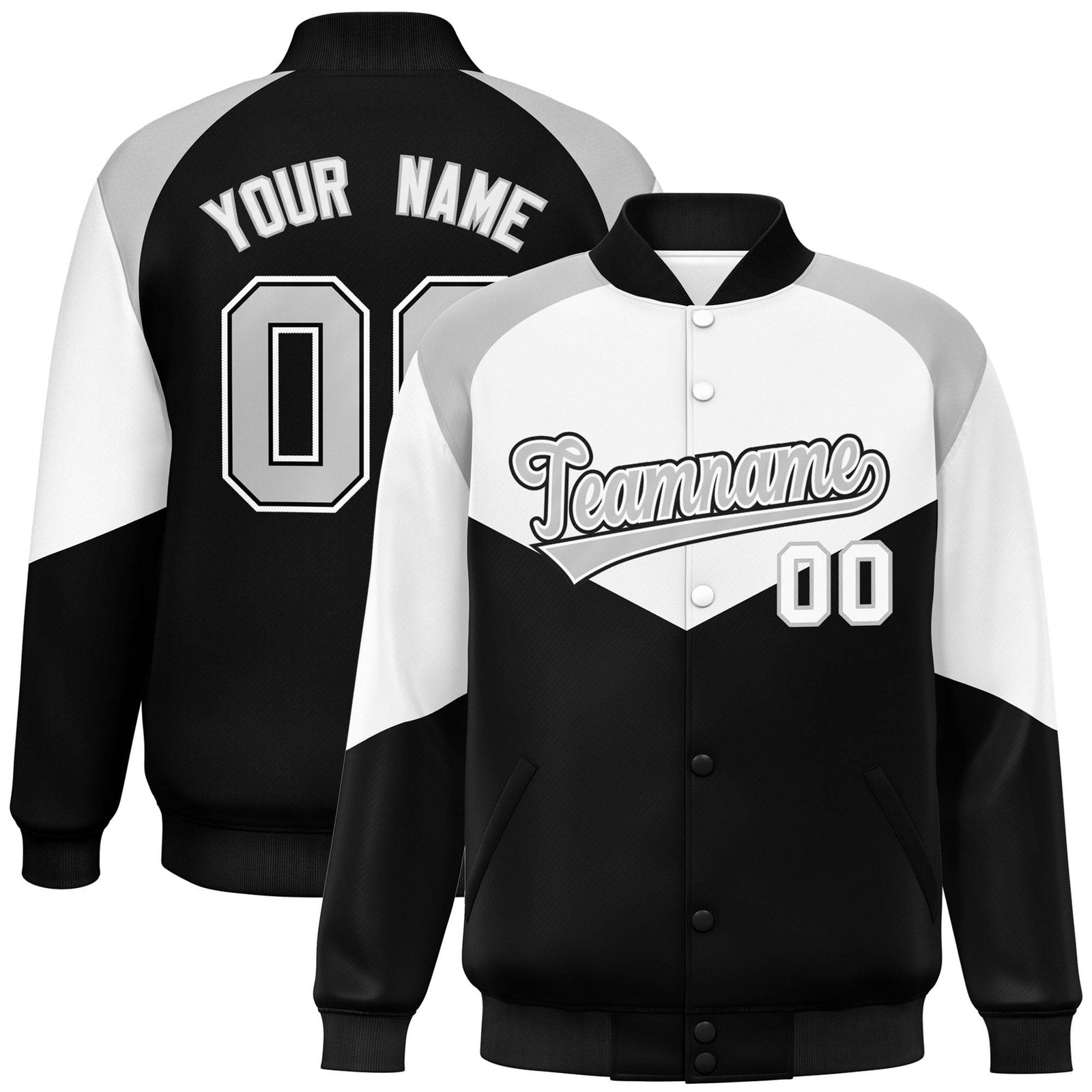 Custom White Black-Gray Varsity Full-Snap Color Block Letterman Jacket
