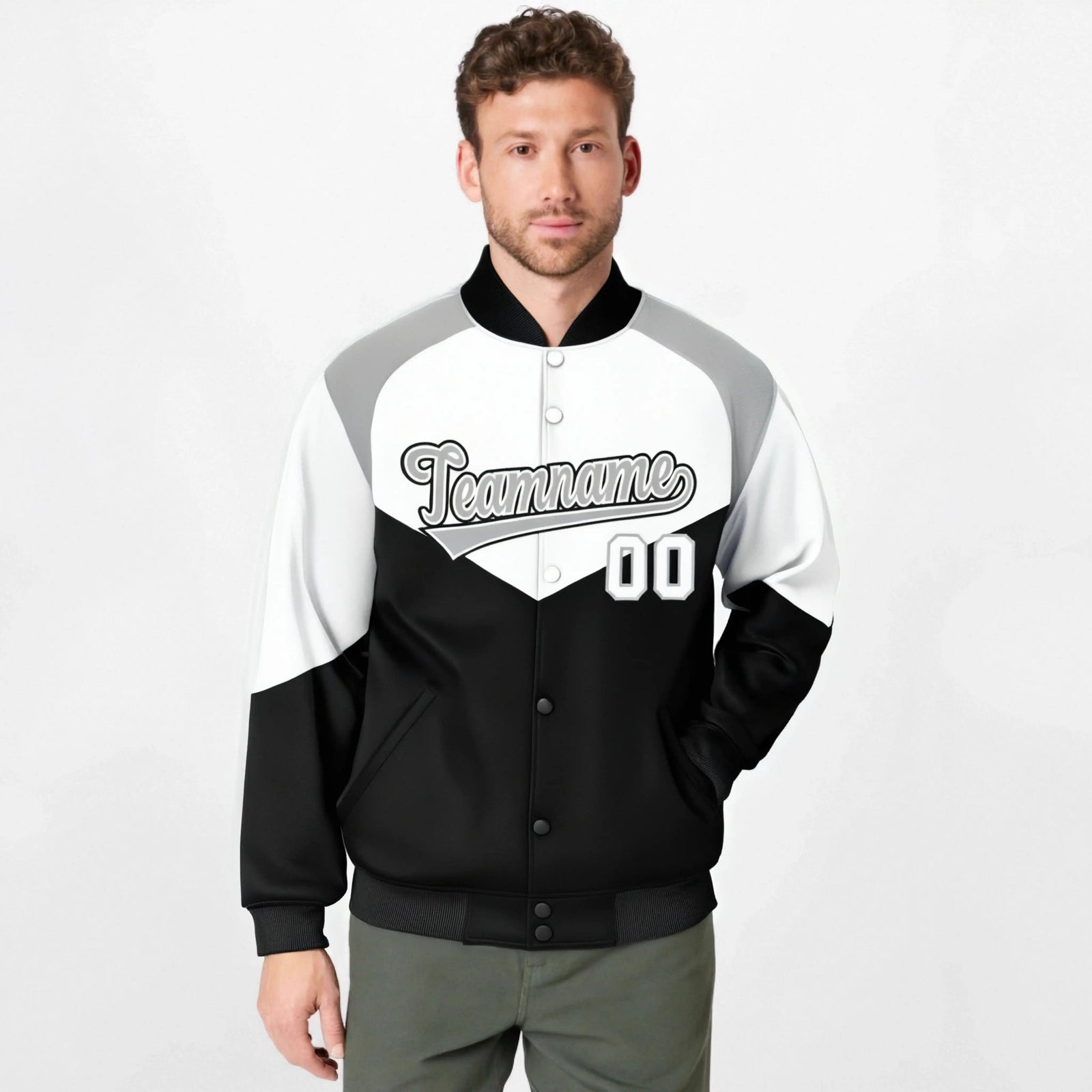Custom White Black-Gray Varsity Full-Snap Color Block Letterman Jacket