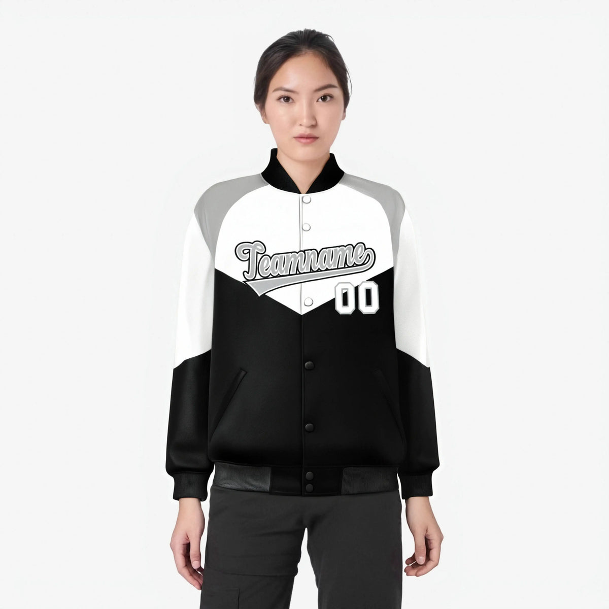 Custom White Black-Gray Varsity Full-Snap Color Block Letterman Jacket