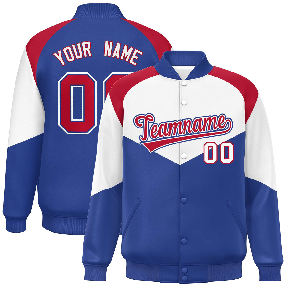 Custom White Royal Blue-Red Varsity Full-Snap Color Block Letterman Jacket