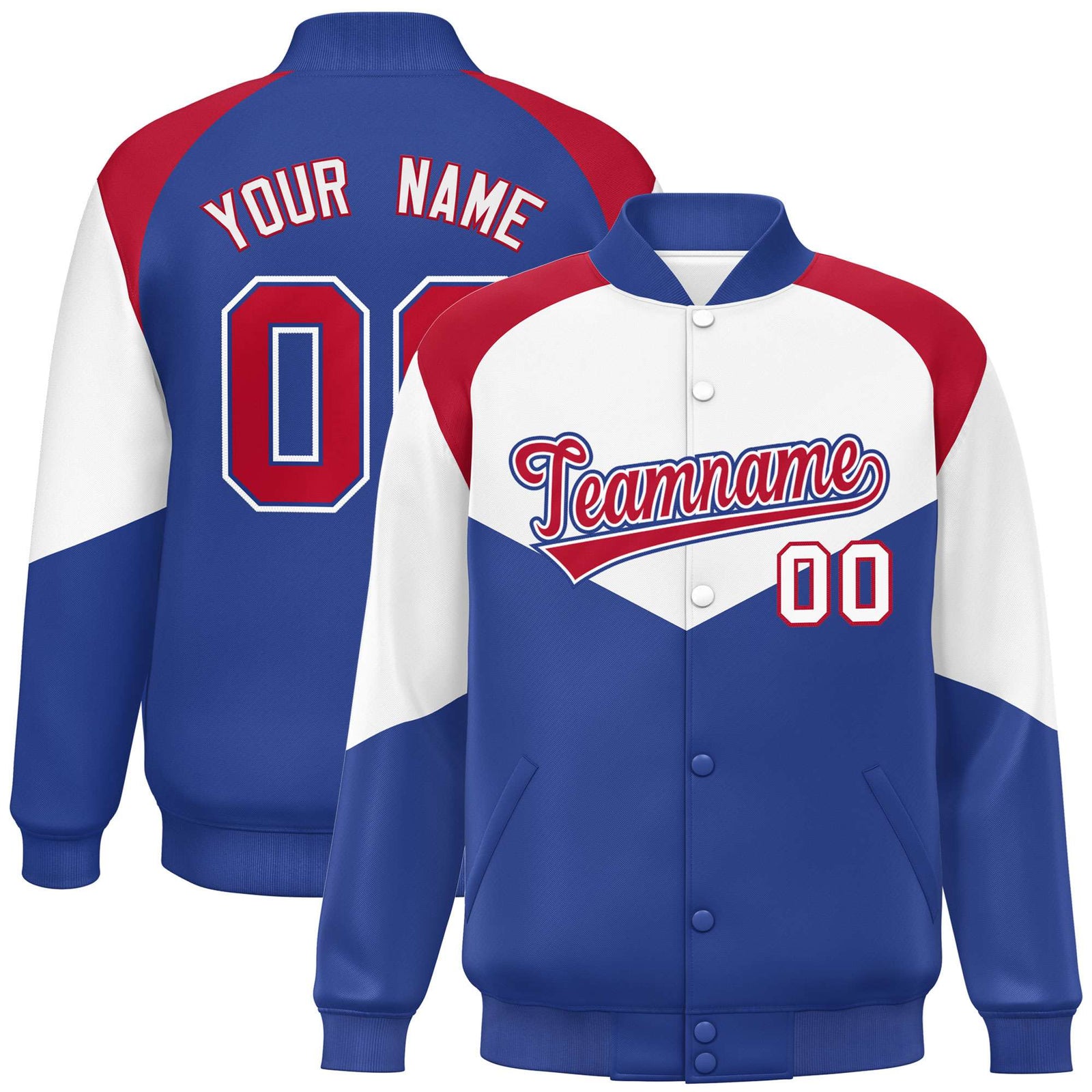 Custom White Royal Blue-Red Varsity Full-Snap Color Block Letterman Jacket