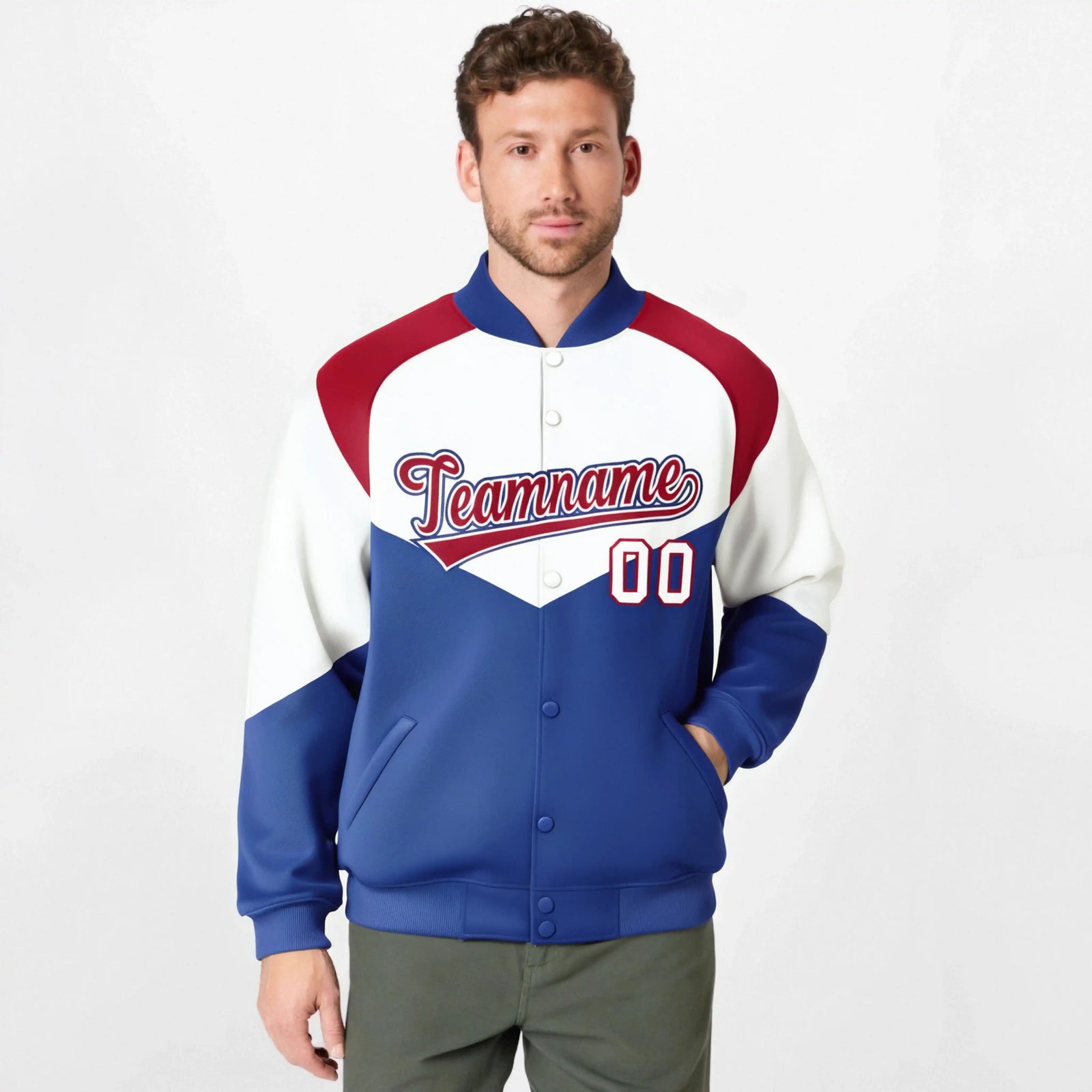 Custom White Royal Blue-Red Varsity Full-Snap Color Block Letterman Jacket