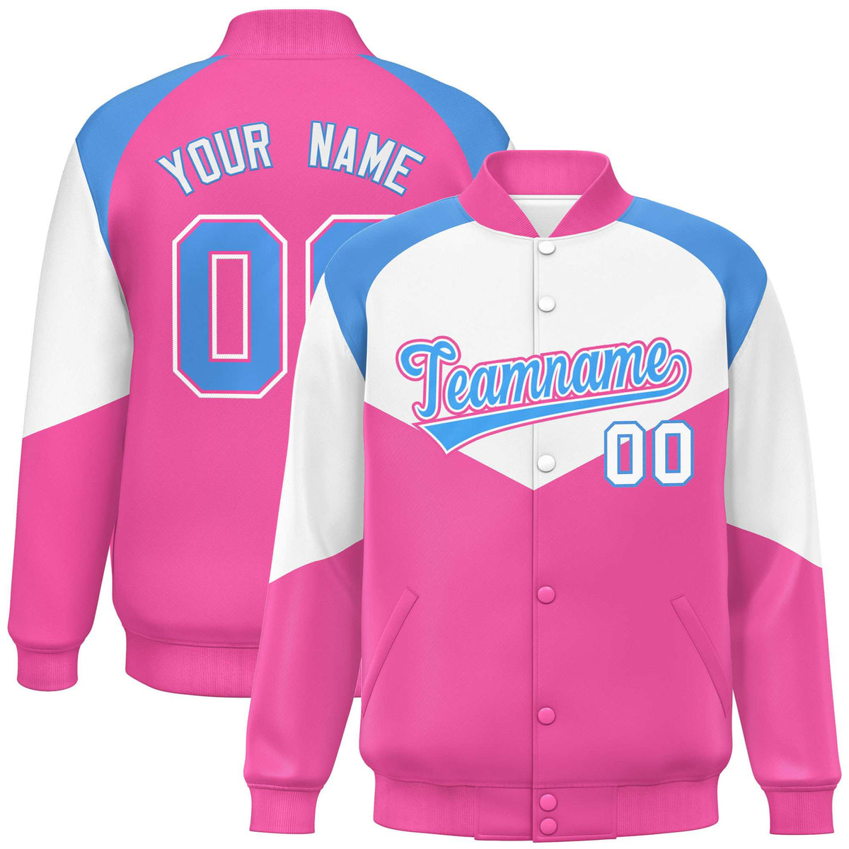 Custom White Pink-Powder Blue Varsity Full-Snap Color Block Letterman Jacket