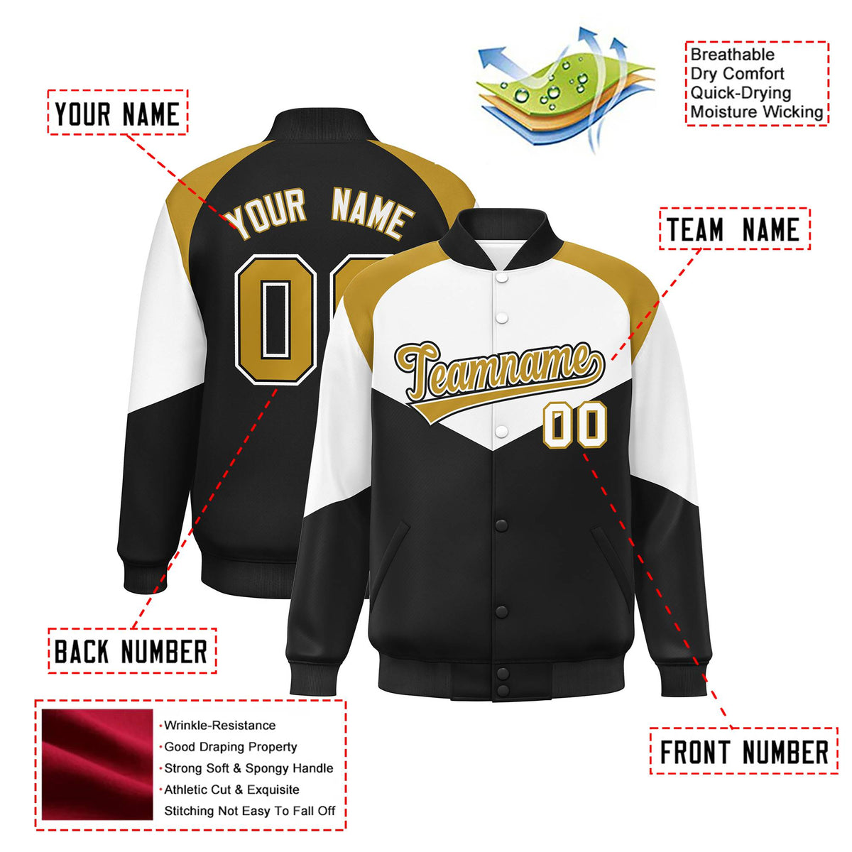 Custom White Black-Old Gold Varsity Full-Snap Color Block Letterman Jacket