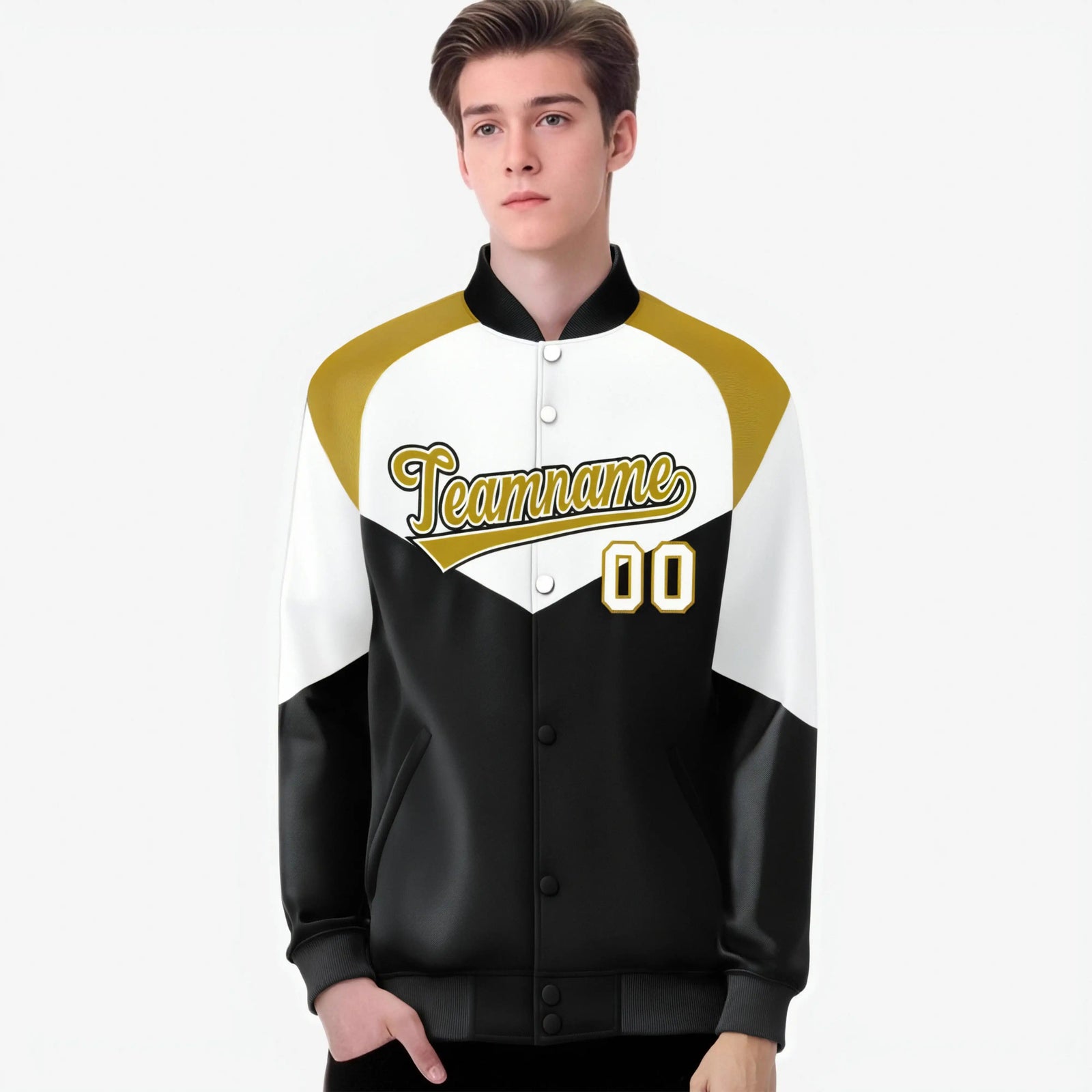 Custom White Black-Old Gold Varsity Full-Snap Color Block Letterman Jacket