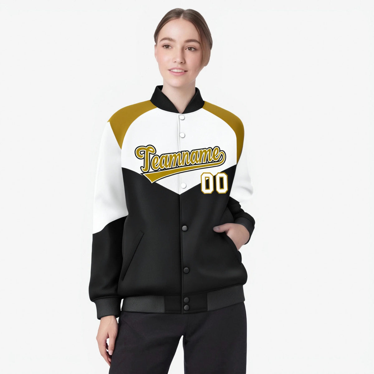 Custom White Black-Old Gold Varsity Full-Snap Color Block Letterman Jacket