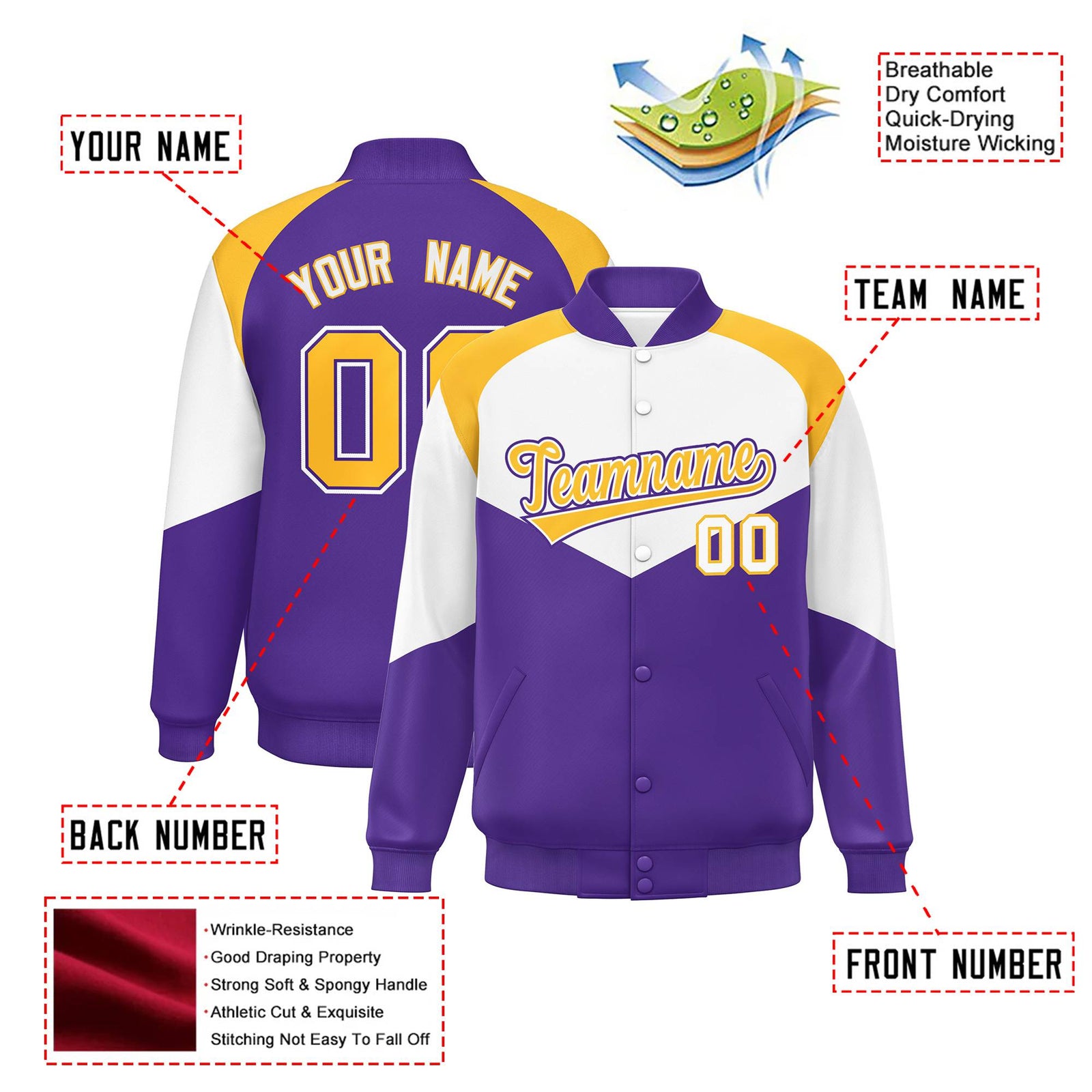Custom White Purple-Gold Varsity Full-Snap Color Block Letterman Jacket
