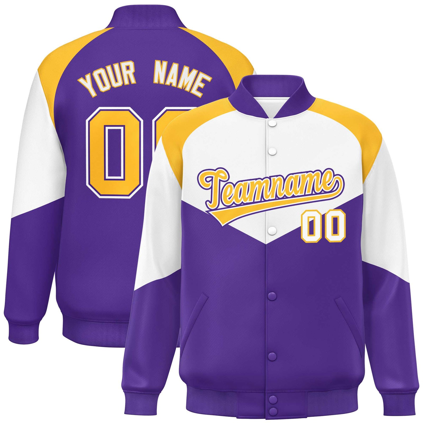 Custom White Purple-Gold Varsity Full-Snap Color Block Letterman Jacket