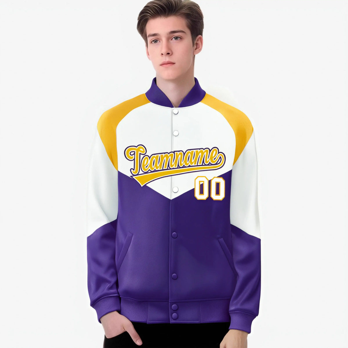 Custom White Purple-Gold Varsity Full-Snap Color Block Letterman Jacket