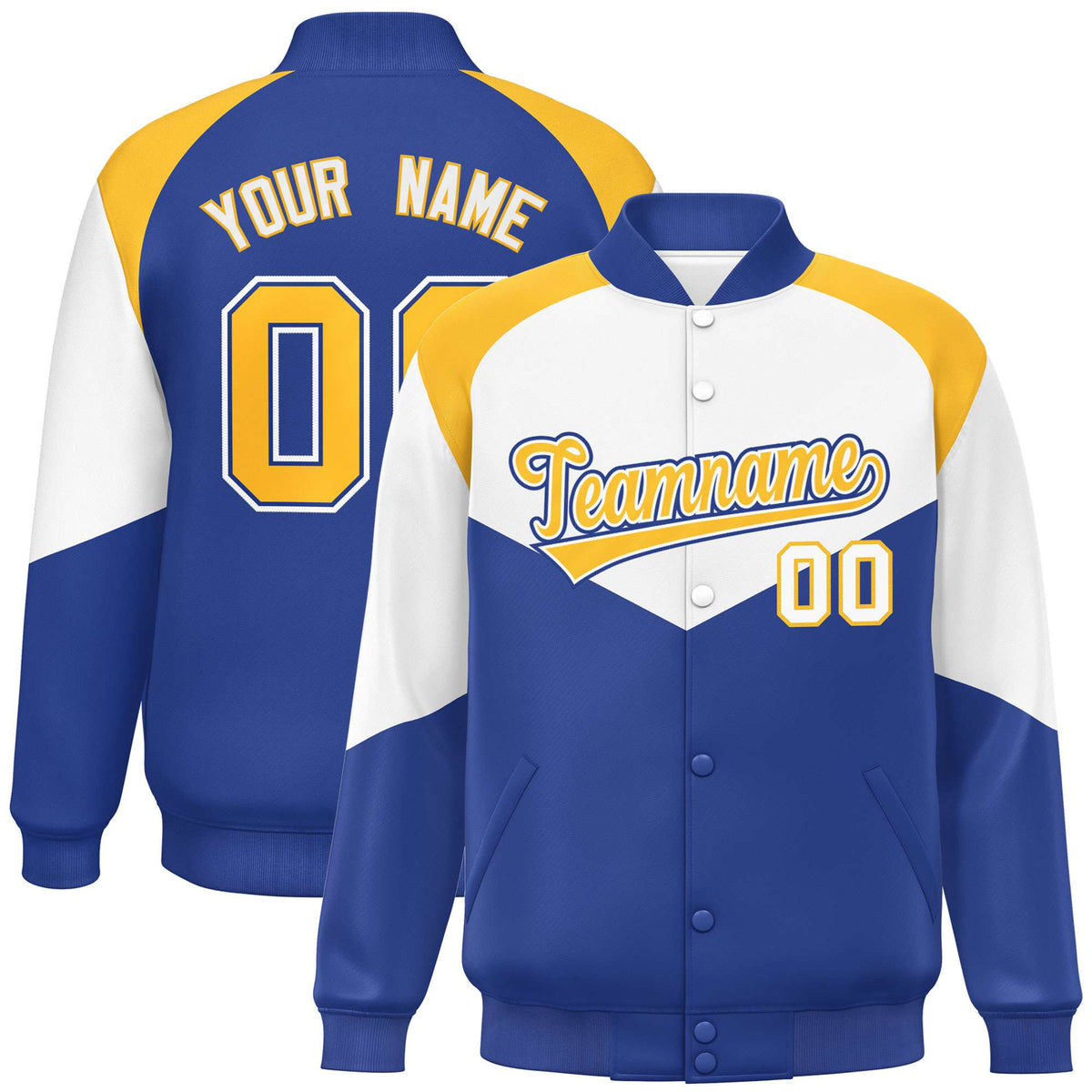 Custom White Royal Blue-Gold Varsity Full-Snap Color Block Letterman Jacket
