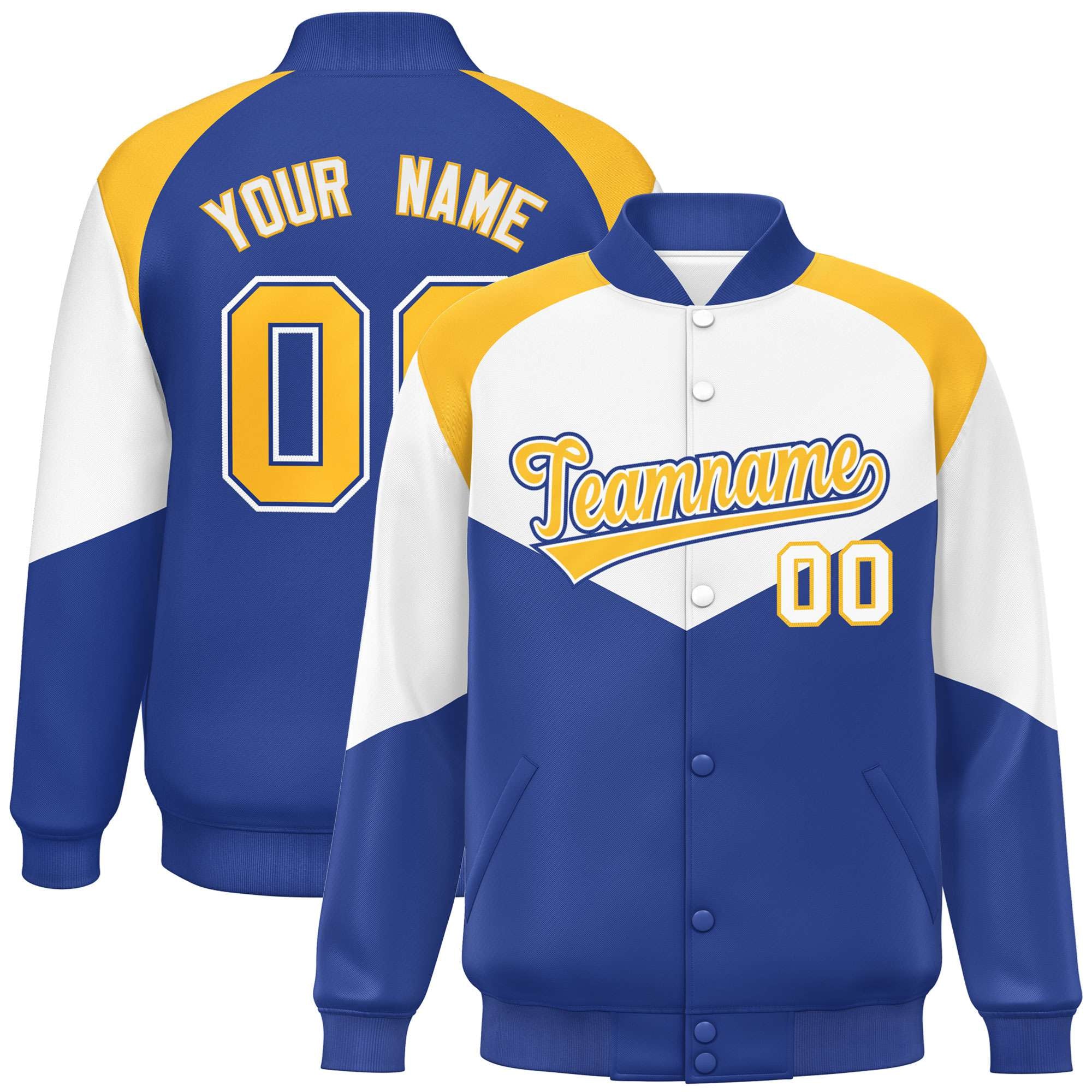 Custom White Royal Blue-Gold Varsity Full-Snap Color Block Letterman Jacket