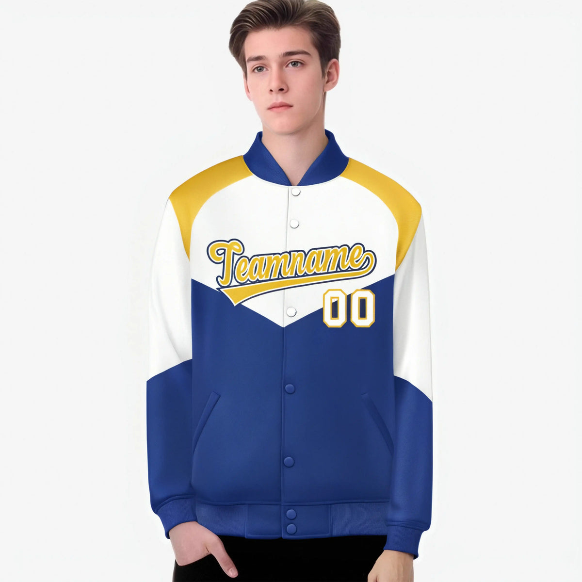 Custom White Royal Blue-Gold Varsity Full-Snap Color Block Letterman Jacket