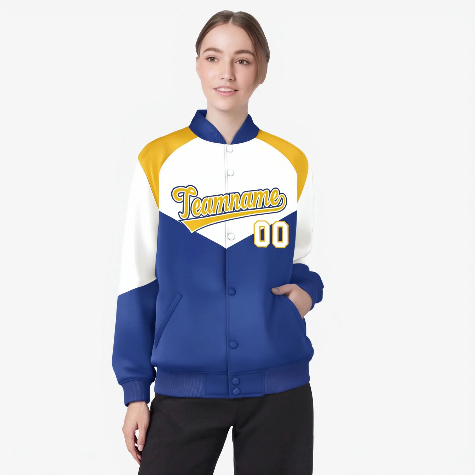 Custom White Royal Blue-Gold Varsity Full-Snap Color Block Letterman Jacket