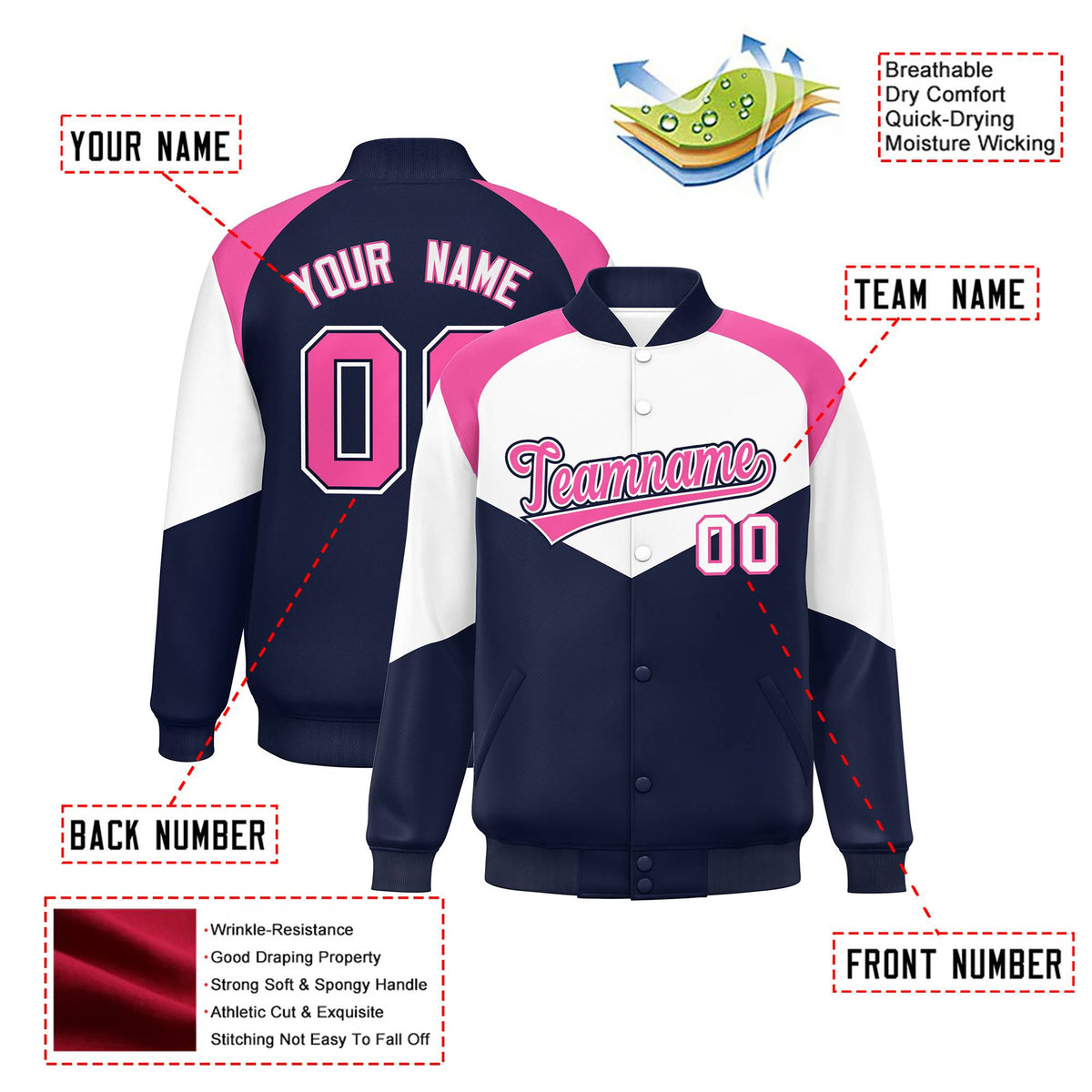 Custom White Navy-Pink Varsity Full-Snap Color Block Letterman Jacket