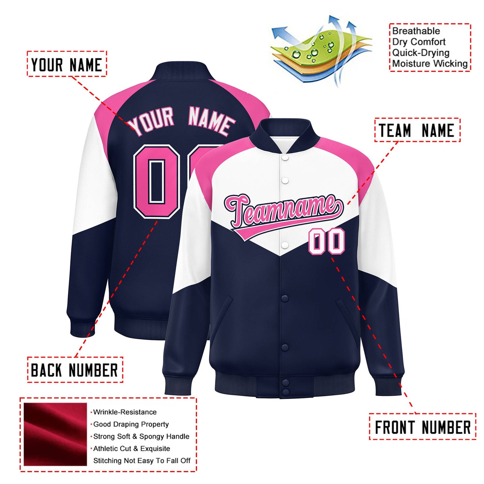 Custom White Navy-Pink Varsity Full-Snap Color Block Letterman Jacket
