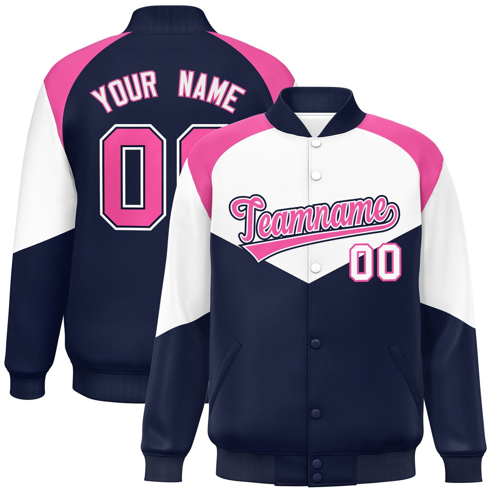 Custom White Navy-Pink Varsity Full-Snap Color Block Letterman Jacket