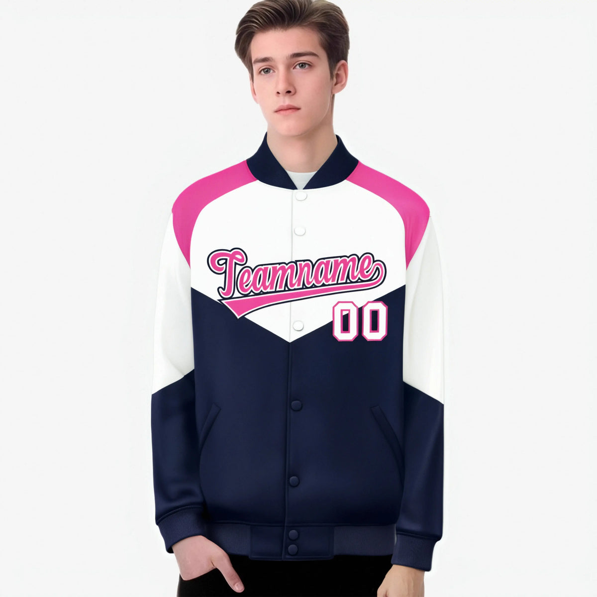 Custom White Navy-Pink Varsity Full-Snap Color Block Letterman Jacket