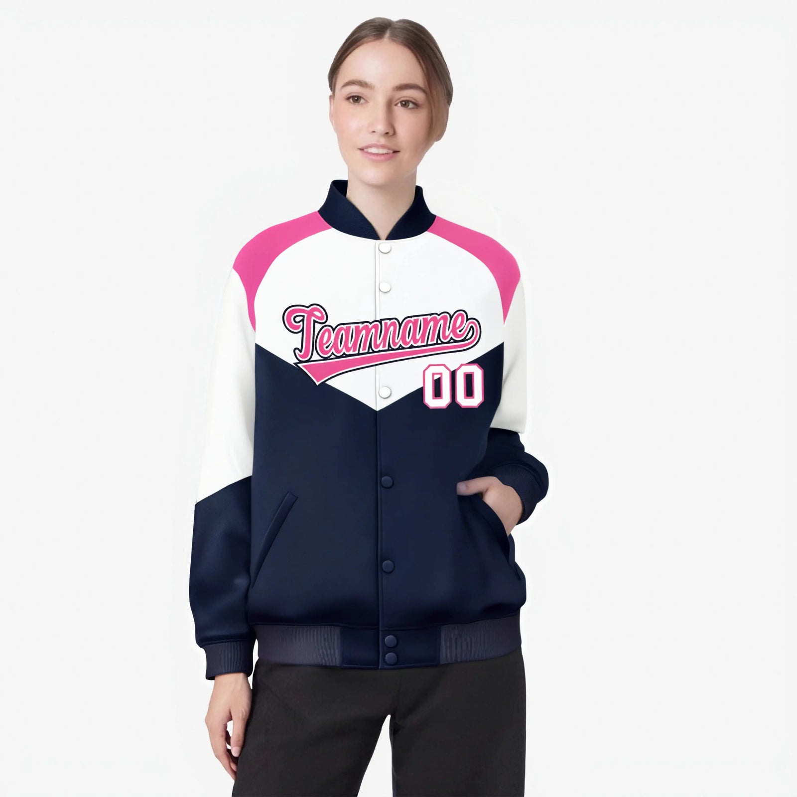 Custom White Navy-Pink Varsity Full-Snap Color Block Letterman Jacket
