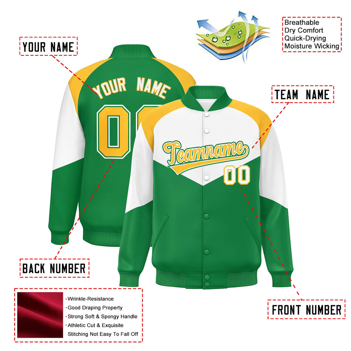 Custom White Kelly Green-Gold Varsity Full-Snap Color Block Letterman Jacket