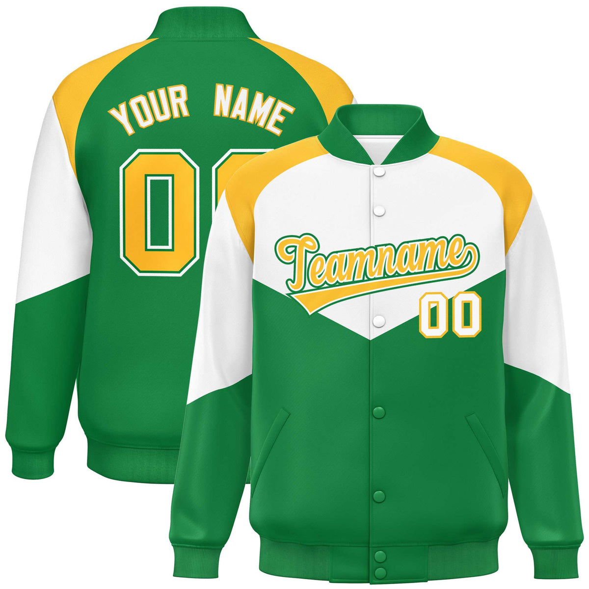 Custom White Kelly Green-Gold Varsity Full-Snap Color Block Letterman Jacket