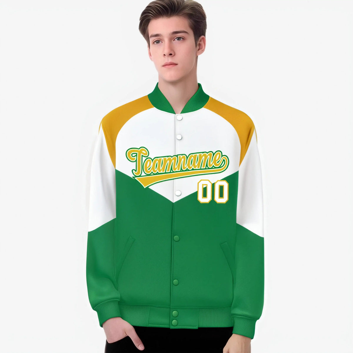Custom White Kelly Green-Gold Varsity Full-Snap Color Block Letterman Jacket