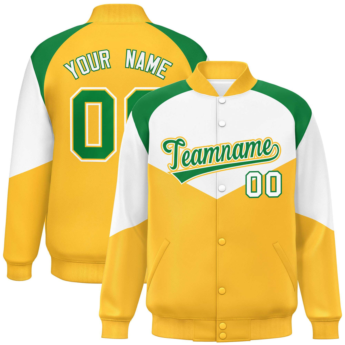 Custom White Gold-Kelly Green Varsity Full-Snap Color Block Letterman Jacket
