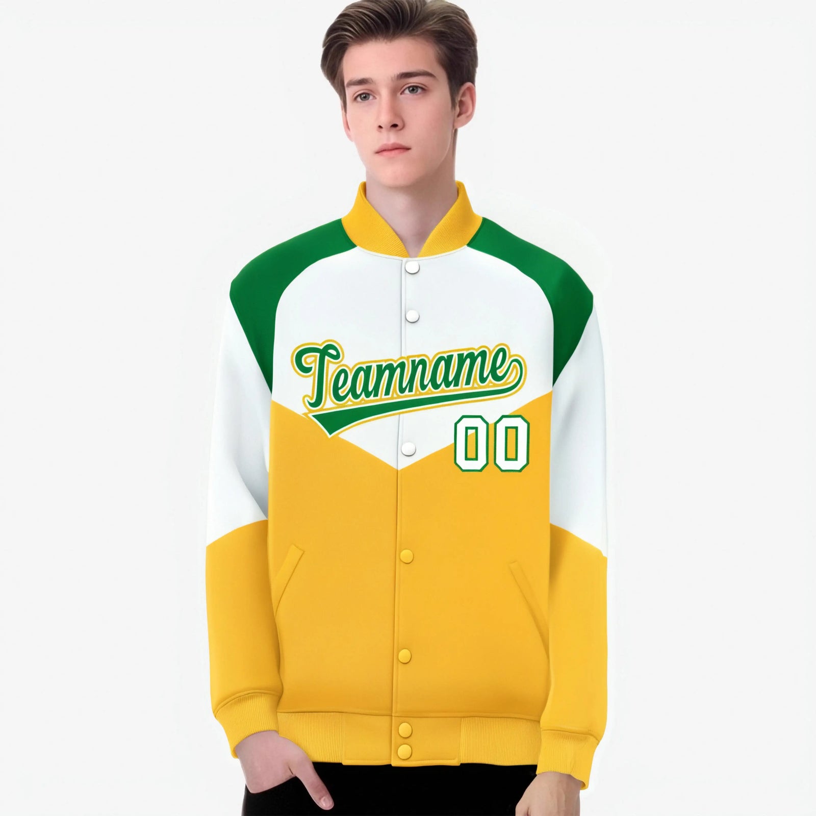 Custom White Gold-Kelly Green Varsity Full-Snap Color Block Letterman Jacket